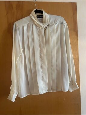 Cream Pleated Button-Down Blouse with Pearl Detail